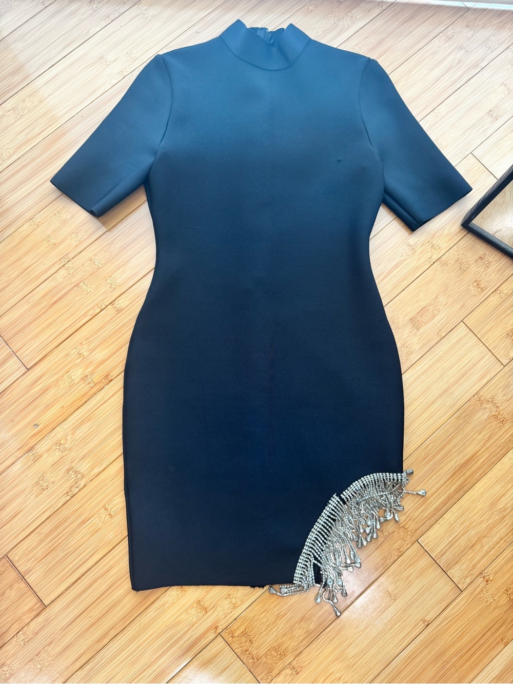 Black Short-Sleeve Mini Dress with Silver Fringe Hem